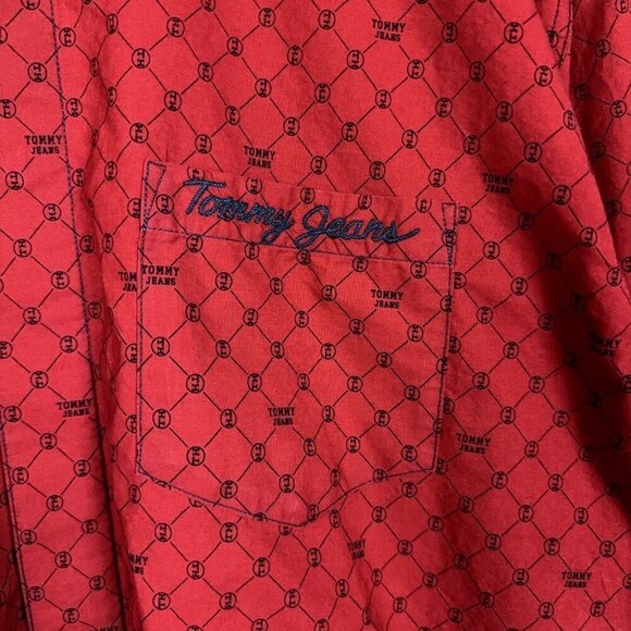 Y2K Tommy Jeans Shirt Mens XL Red Button Up Long Sleeve Logo - Picture 3 of 12